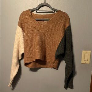 Elegant V-Neck Sweater in Brown, Cream, and Gray